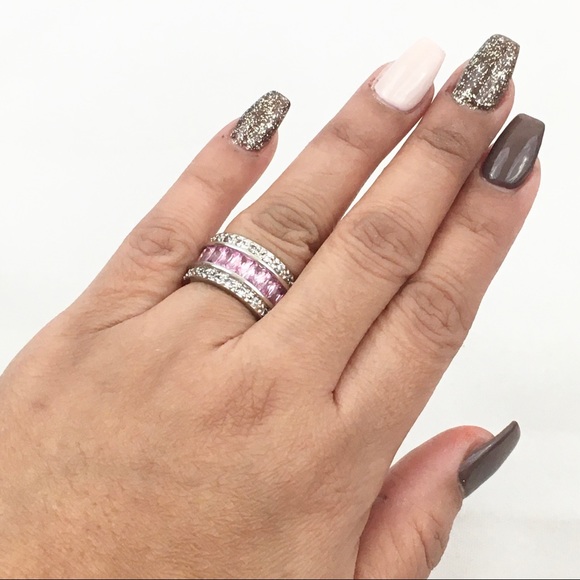Baguette Paved Ring Pink Silver Size 6 - Picture 11 of 14